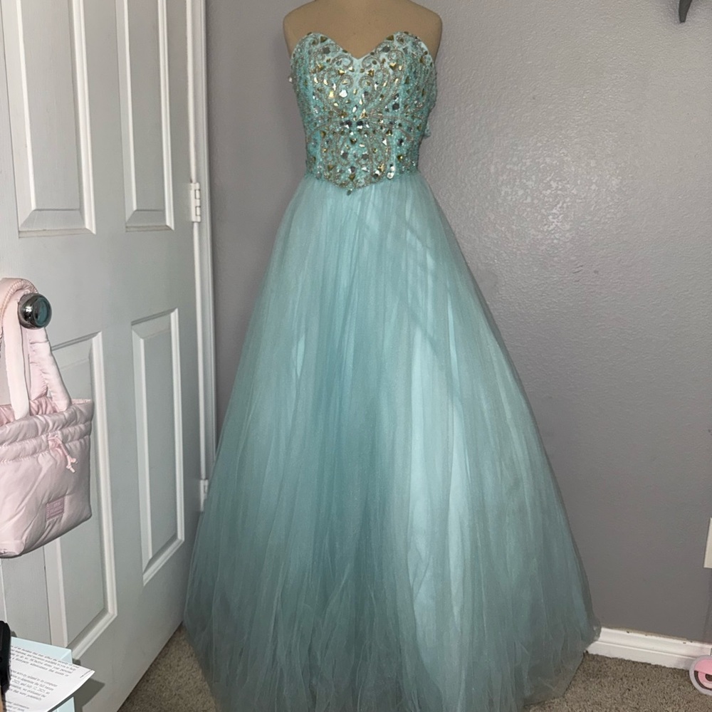 Embellished Aqua Ball Gown Prom Dress